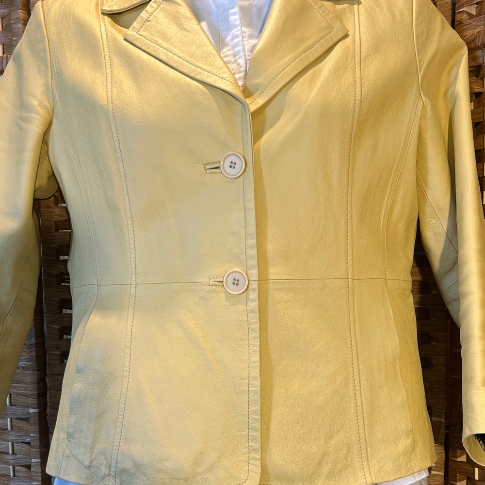 Monterey Bay Butter Yellow Leather Jacket 12P Petite Soft Tailored Blazer